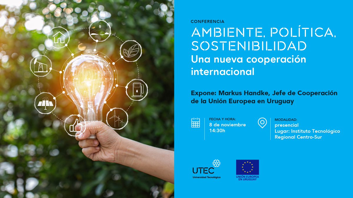 UtecGlobal's tweet photo. #Conferencia
El martes 8/11 recibiremos en #sedeUTEC Durazno, a Markus Handke, jefe de #Cooperación de la #Unión #Europea en #Uruguay, quien estará a cargo de una conferencia sobre: #Ambiente, #Política y #Sostenibilidad

🗓️ 8/11, 14.30 h, ITRCS
➕info: https://t.co/qdSlyiV0Fl https://t.co/rFBMQRPyDC