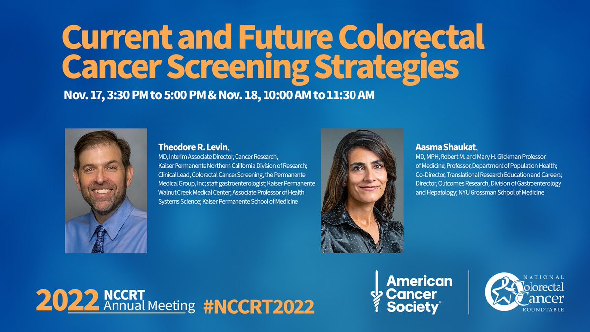 Learn more about current and future colorectal cancer screening strategies during #NCCRT2022! @aasmashaukatmd & @tr_levin will discuss guideline-approved and emerging #crcscreening modalities, including blood-based sampling.