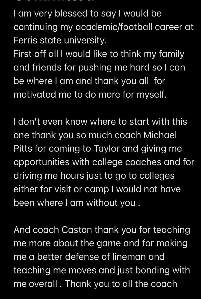 LaurentDounamou's tweet photo. 110% committed to Ferris state university @TaylorGriffins @45Kings_Smith @Coach_Pitts74 @TheD_Zone @Coach_Rock @TaylorGriffins @ferrisstatefootball #GoBulldogs ❤️💛 https://t.co/dOcTFITaTn