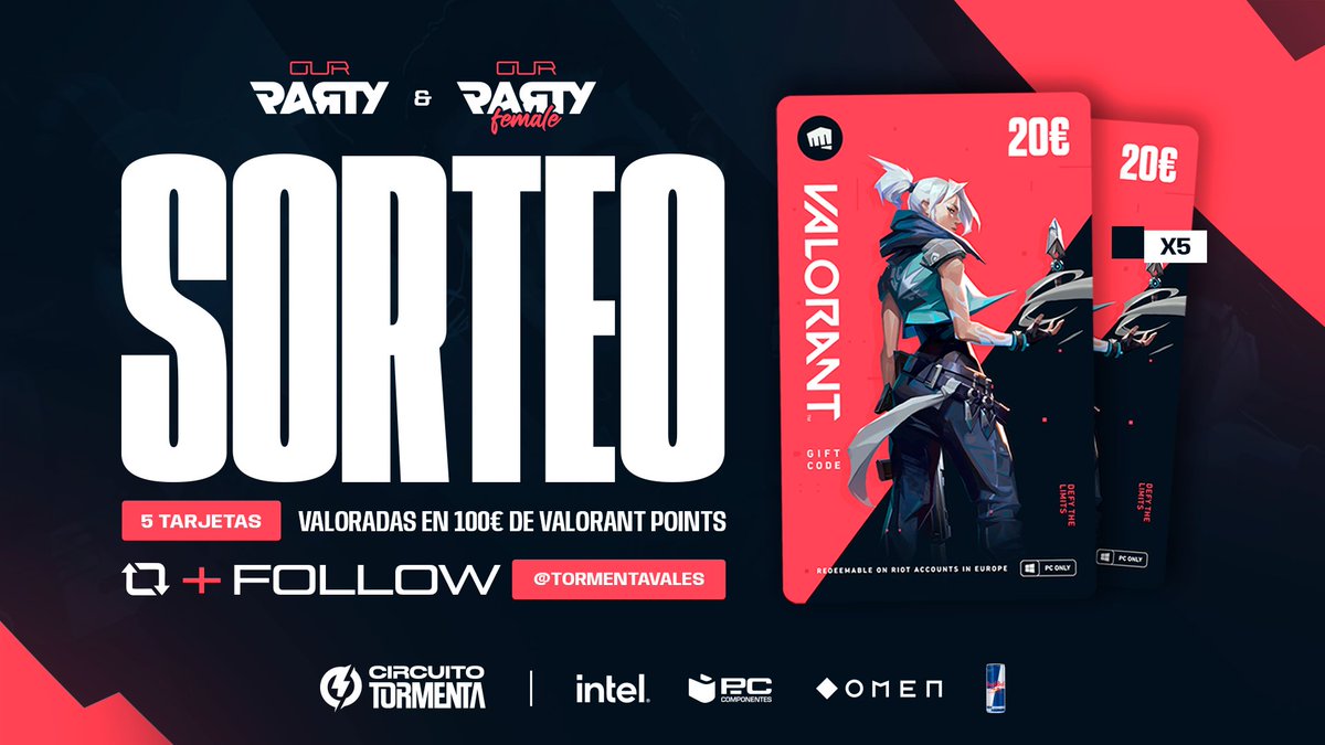 VALORANTes's tweet photo. ¡Celebramos el lanzamiento de #OurParty de @VALORANTes con el sorteo de 100€ en VP repartidos entre 5!

Para participar:
💥RT a este tweet
💥Sígue a @TormentaVALes 

Anunciaremos los ganadores el día 9. ¡Suerte! 🥰
📜BBLL: https://t.co/H1PoQNMDoU

💻 https://t.co/L914Tduh7Q https://t.co/Z57Mi4TWXv