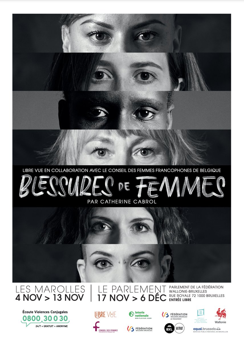 Le <a href="/ParlementF/">Parlement Fédération</a> souhaite manifester son soutien à la Journée de lutte contre les #violences faites aux #femmes. Découvrez au Parlement l'exposition de photographies « Blessures de femmes » proposée par le <a href="/CFFB_asbl/">Conseil des Femmes</a> et l'ASBL LibreVue.
📅Du 17/11 au 6/12
ℹ pfwb.be/actualites/exp…