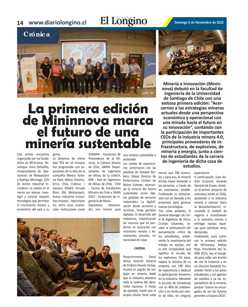 Lea la nota de la primera edición de <a href="/Min_Innova/">Mininnova</a> marcando el futuro de una minería sustentable en el medio regional de Tarapacá, de la comuna de #Iquique, <a href="/ElLongino/">Diario El Longino</a> 👷⛏️.

#minería #futuro #edición #Metaproject