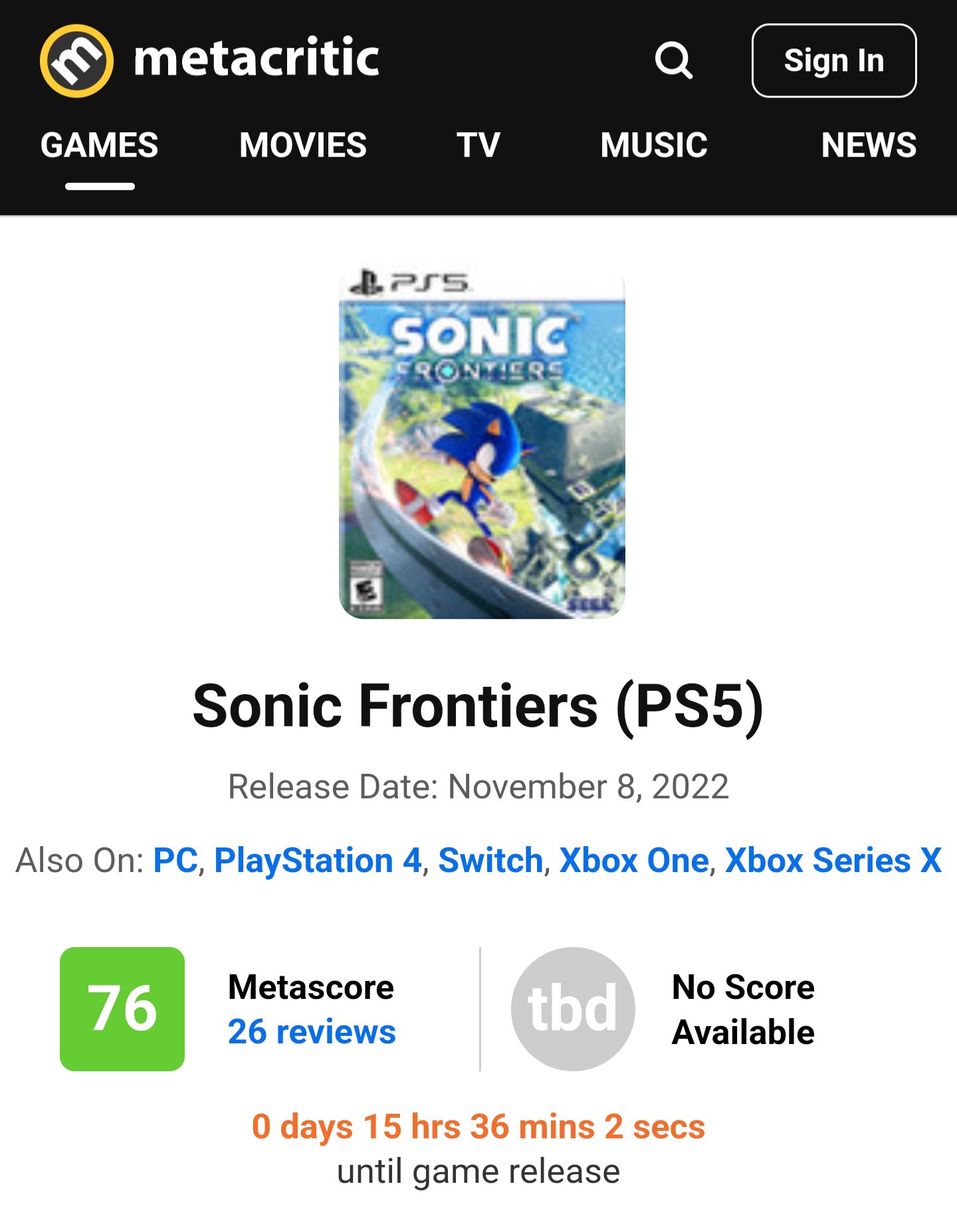 KAMI on X: Sonic Frontiers scores a 76 on Metacritic. Reviews seem quite  mixed but overall higher than the last few Sonic games. - Shacknews - 9/10  - Gaming Trend - 8.5/10 