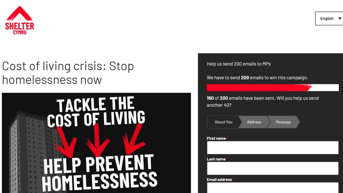 ShelterCymru's tweet photo. We need to send 200 emails to MPs to win our campaign. Will you help us send another 40? Take action to help stop homelessness now #CostOfLivingCrisis #StopHomelessnessNow https://t.co/GLhi6lGSNx https://t.co/ZTADehmbW8