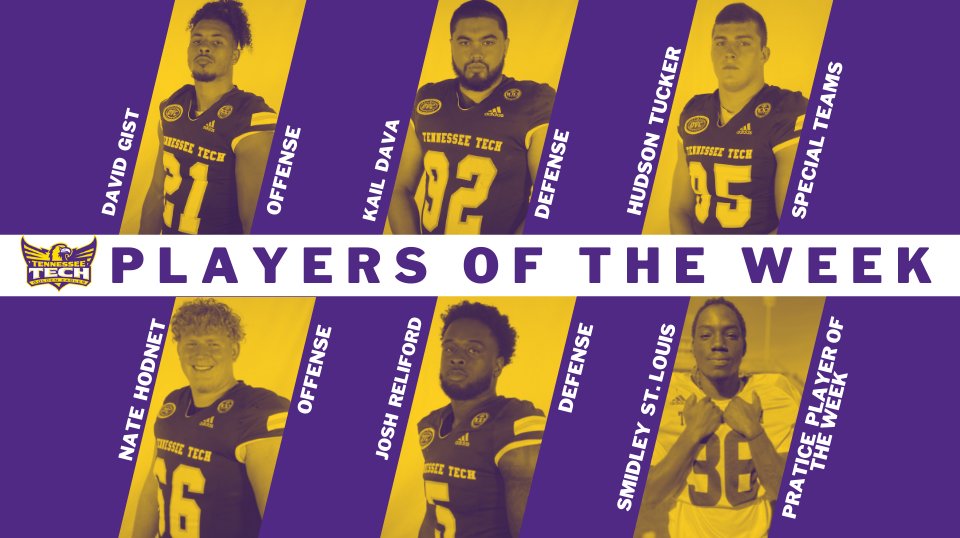 TNTechFootball's tweet image. Congratulations to our Players of the Week vs Lindenwood: Offense-David Gist @DayDayGist, Nate Hodnett @Hodnett_Nate27; Defense-Kail Dava @KailDava, Josh Reliford @omgitsjeno; Special Teams-Hudson Tucker @Hudson_Tucker22; Practice Player of the Week-Smidley St. Louis @smidley2!
