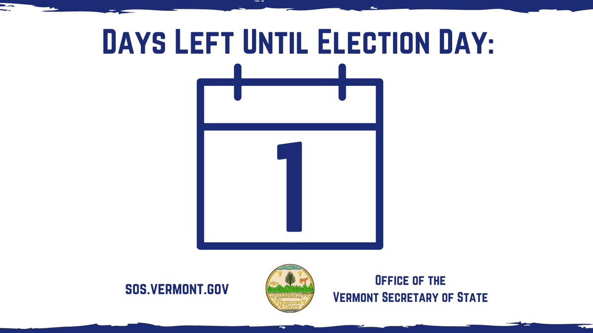 VermontSOS's tweet photo. The #VT #2022Election is in 1 DAY !
You can still return your ballot to your Clerk during biz hours today IF the office is open otherwise plan to vote at the polls tomorrow! Bring the ballot you were mailed to speed up check-in (you can still vote if you don't have it). #VTVotes https://t.co/IWp3Jnfh4r