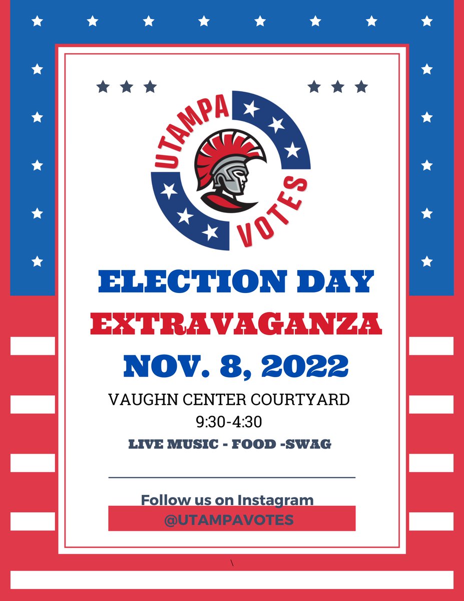 UTampaLibrary's tweet photo. Go to the polls tomorrow (11/8) on election day @uoftampa and join @utampavotes to celebrate your right to vote! #utampa #vote2022 ❓➡ Visit MKL with any questions. https://t.co/qKVGuEWa8R