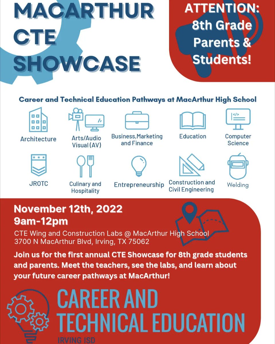 macarthurwelds's tweet photo. See you this weekend, 8th Grade Irving ISD Parents and Students! Join us for the first MacArthur CTE Showcase, featuring all of our great Career and Technical Education Pathways. @iisdCTE @MacArthurCards @miyoshaguinn @IrvingISD https://t.co/h4VdnXYjU3