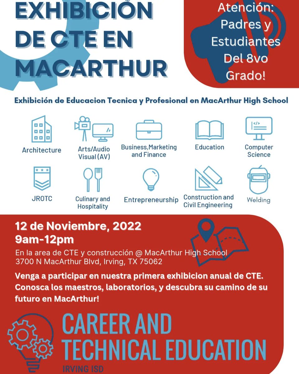 macarthurwelds's tweet photo. See you this weekend, 8th Grade Irving ISD Parents and Students! Join us for the first MacArthur CTE Showcase, featuring all of our great Career and Technical Education Pathways. @iisdCTE @MacArthurCards @miyoshaguinn @IrvingISD https://t.co/h4VdnXYjU3