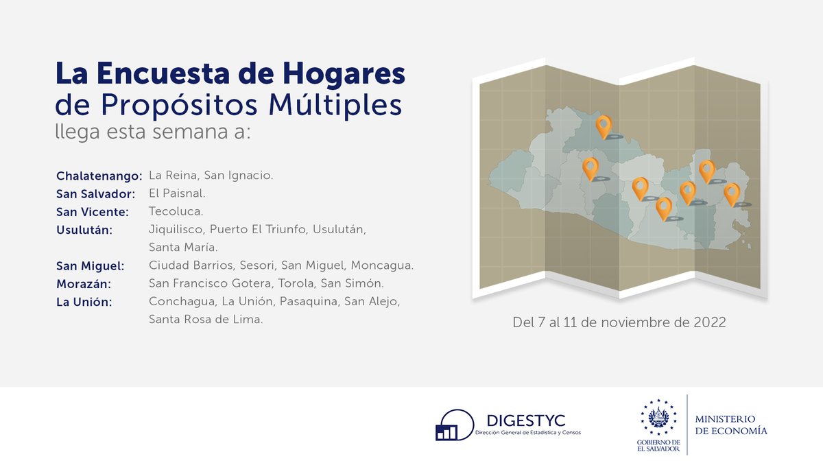 EconomiaSV's tweet photo. 📢 Del 7 al 11 de noviembre, equipo de #DIGESTYC recabará datos socioeconómicos y demanda turística interna, a través del mapeo y encuestas:
✅Hogares de Propósitos Múltiples #EHPM
✅MITUR

Del 7 al 13 de noviembre:
✅Uso del Tiempo

👇Conoce los detalles: https://t.co/01mid5nx8e