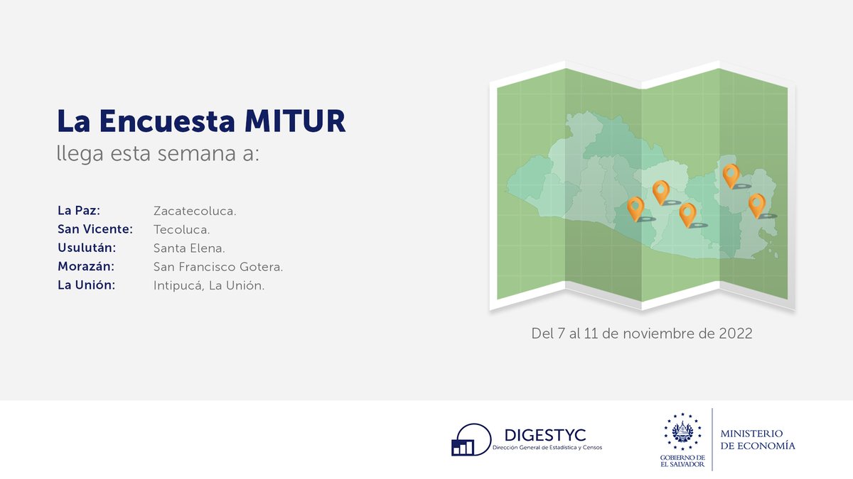 EconomiaSV's tweet photo. 📢 Del 7 al 11 de noviembre, equipo de #DIGESTYC recabará datos socioeconómicos y demanda turística interna, a través del mapeo y encuestas:
✅Hogares de Propósitos Múltiples #EHPM
✅MITUR

Del 7 al 13 de noviembre:
✅Uso del Tiempo

👇Conoce los detalles: https://t.co/01mid5nx8e