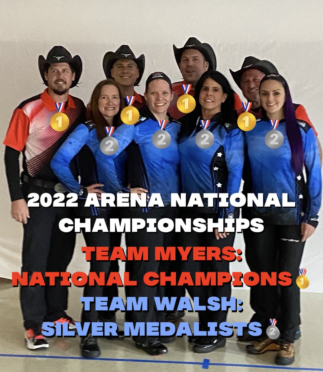 DFWCurlingClub's tweet photo. What a day at @usacurl Arena Nationals. Team Myers bringing home yet ANOTHER 🥇 championship and Team Walsh bringing home silver for the first time in club history🥈One problem: we have no more room to hang championship banners! #CurlWorldProblems #Curling #ArenaNationals #LetsGo https://t.co/TKkA7gKHGp