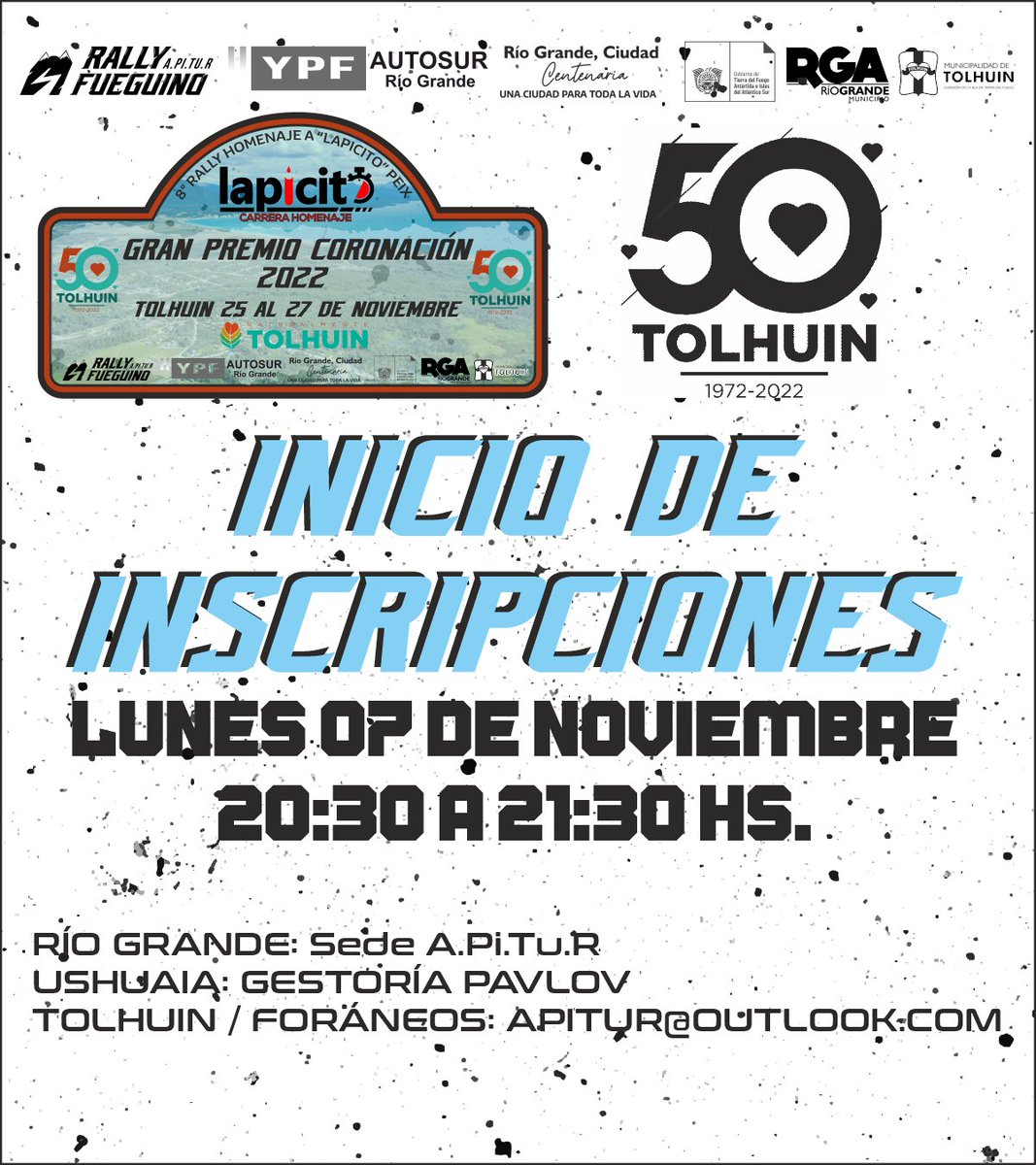 ApiturRallyTDF's tweet photo. INICIO DE INSCRIPCIONES
4️⃣° Fecha 
2️⃣7️⃣° Campeonato Fueguino de Rally
8️⃣° Homenaje a ✏️ Lapicito Peix 
Gran Premio Coronación 2022
Municipio de Tolhuin 
🗓25~27 de Noviembre 2022
📝INSCRIPCIONES
🗓Lun07 y Mar08 de Nov
🗓CRONOLOGÍA:
https://t.co/ccAG6gb1SK
https://t.co/enyWe89ek3 https://t.co/crrBKJ4E9K
