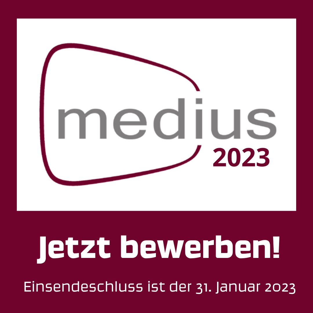 Jetzt um den #medius 2023 bewerben!
Der Preis für innovative, wissenschaftliche und praxisorientierte Abschlussarbeiten wird von @gmk_net, dem @DKHW_de, @mabb_de und der @FSFBerlin verliehen. 
Einsendeschluss: 31. Januar 2023. 
gmk-net.de/2022/11/07/med…
#jetztbewerben