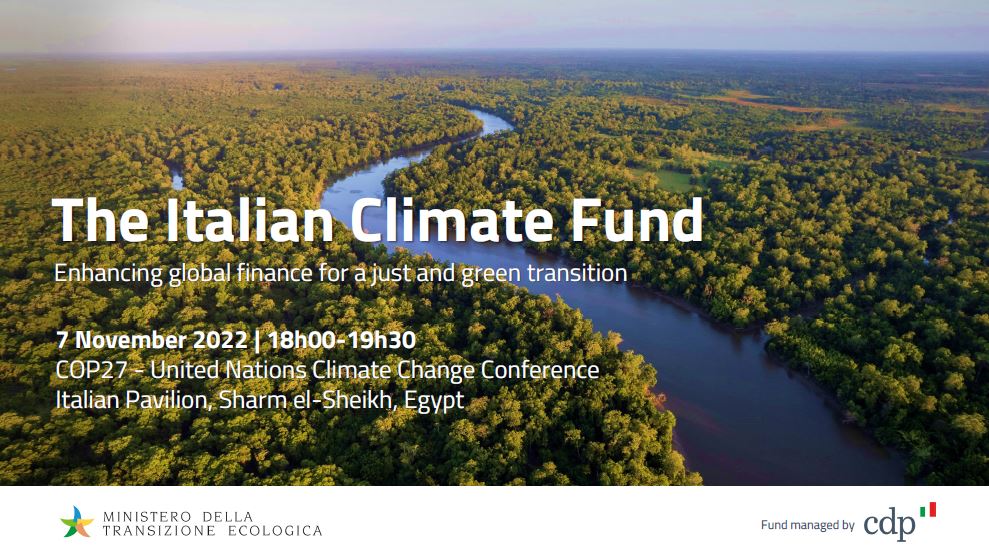 CDP and @MiTE_IT are pleased to hold today the event “The Italian Climate Fund: enhancing global finance for a just and green transition” at @COP27.

Join us! ⤵️
📍 Italian Pavilion (Blue Zone) of #COP27
⏰ 18h00 - 19h30