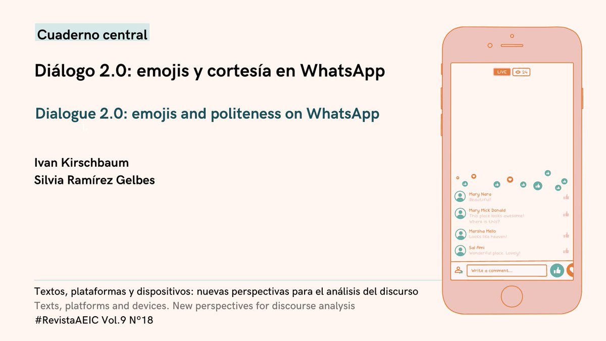 Revista_AEIC's tweet photo. 📌 Ya disponible un nuevo artículo del nº18 #TextosPlataformasyDispositivos.

📘"Diálogo 2.0: emojis y cortesía en WhatsApp".
✍🏼 Ivan Kirschbaum (@IvanKirschbaum) y Silvia Ramírez Gelbes (@SilviaRGelbes).
🔗 https://t.co/9epEhGNgrN

#RevistaAEIC #WhatsApp https://t.co/YsL3Fh8Oyp