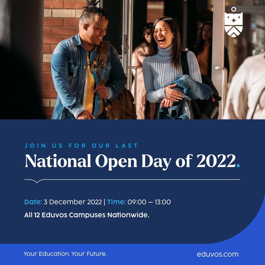 Don't miss our last open day of the year! 

All 12 #Eduvos campuses will be open on Saturday 3 December from 9am.

Pre-enrol to save your seat for 2023, take a personalised campus tour, access student discounts and more.

#PreEnrol #ApplyNow #Eduvos2023