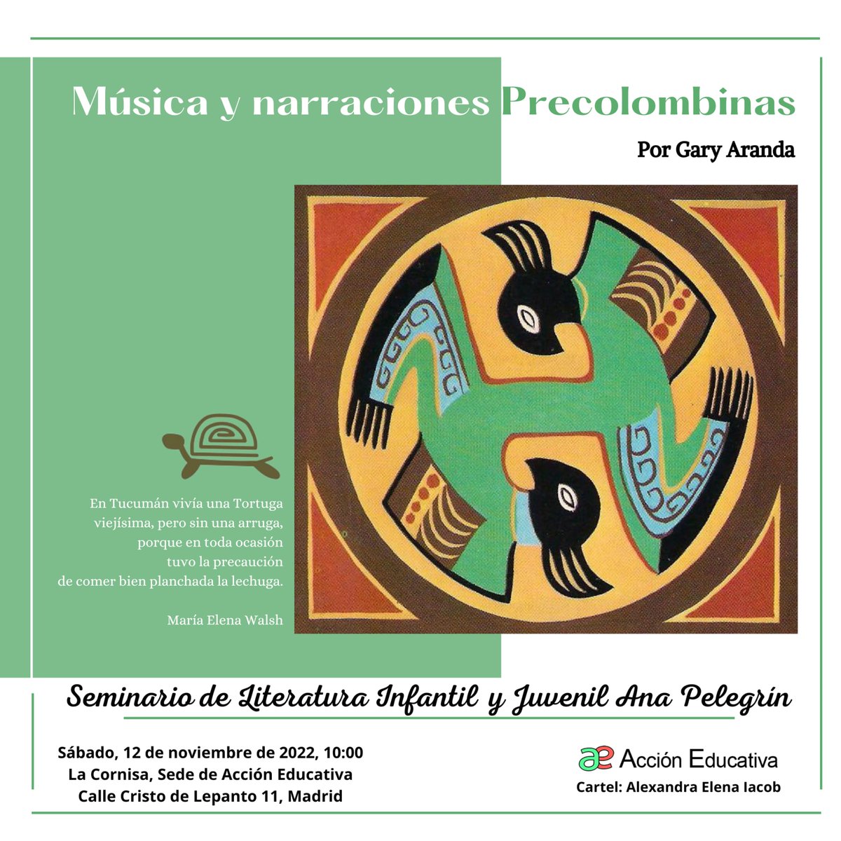 El sábado 12 de noviembre nos volvemos a ver en el #SeminarioDeLiteraturaInfantilYJuvenil

Esta vez tendremos de invitado a Garay Aranda con su presentación denominada “Música y Narraciones Precolombinas”. 

Para finalizar, habrá un coloquio. 

¡Estáis invitadas e invitados!