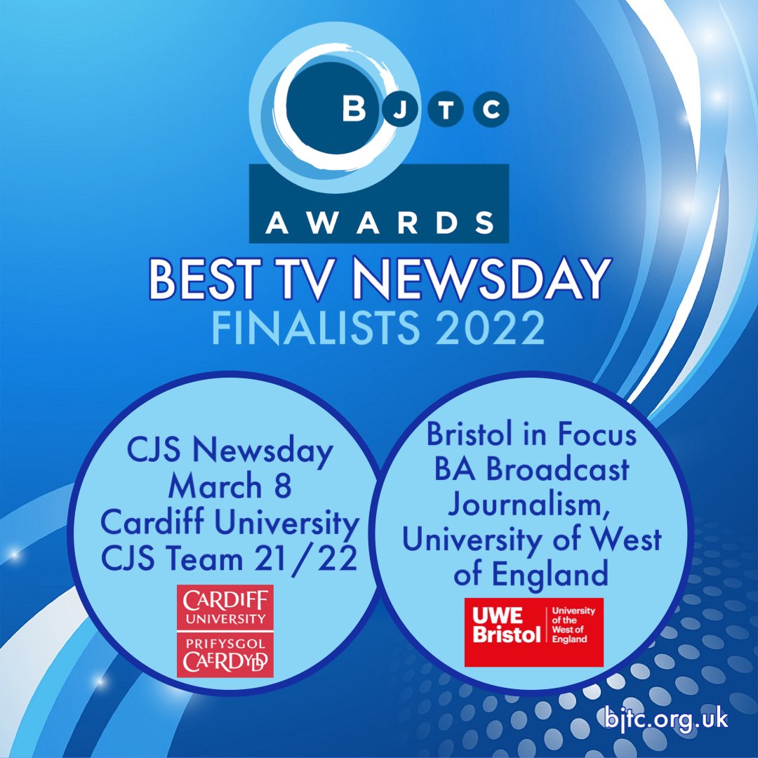 Congratulations to the BJTC Journalism Award finalists for BEST TV NEWSDAY: BA Broadcast Journalism, University of West of England &amp; CJS TEAM 21/22, Cardiff University bjtc.org.uk/awards #bjtcawards <a href="/CardiffJomec/">JOMEC @ Cardiff Uni</a> <a href="/UWEJournalism/">UWE Journalism</a> <a href="/BroadcastCJS/">CJS News</a>