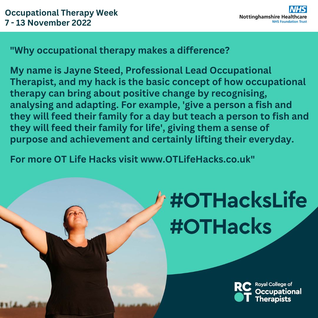 NottsHealthcare's tweet photo. For #OTWeek22, our occupational therapists (OTs) are sharing life hacks to help everyone take small positive steps to ‘lift up their everyday life’. Hear from OT Jayne Steed who shares why OT makes a difference. Visit https://t.co/Iep9xB0z22 for more #OThacks @theRCOT https://t.co/qZV1chjLk0