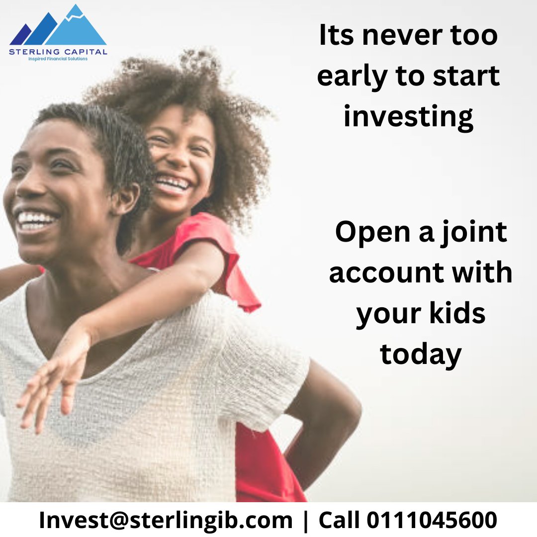 SterlingCLtd's tweet photo. Its never too early to start investing. Open a CDSC joint account with your children and start the investment journey.
To find out more about equity trading, visit our website at https://t.co/ON3npYcLw2 or call us at 0111045600.
#StockMarket #stocks #SGRcontract #unfat https://t.co/5fBeSRxaZU