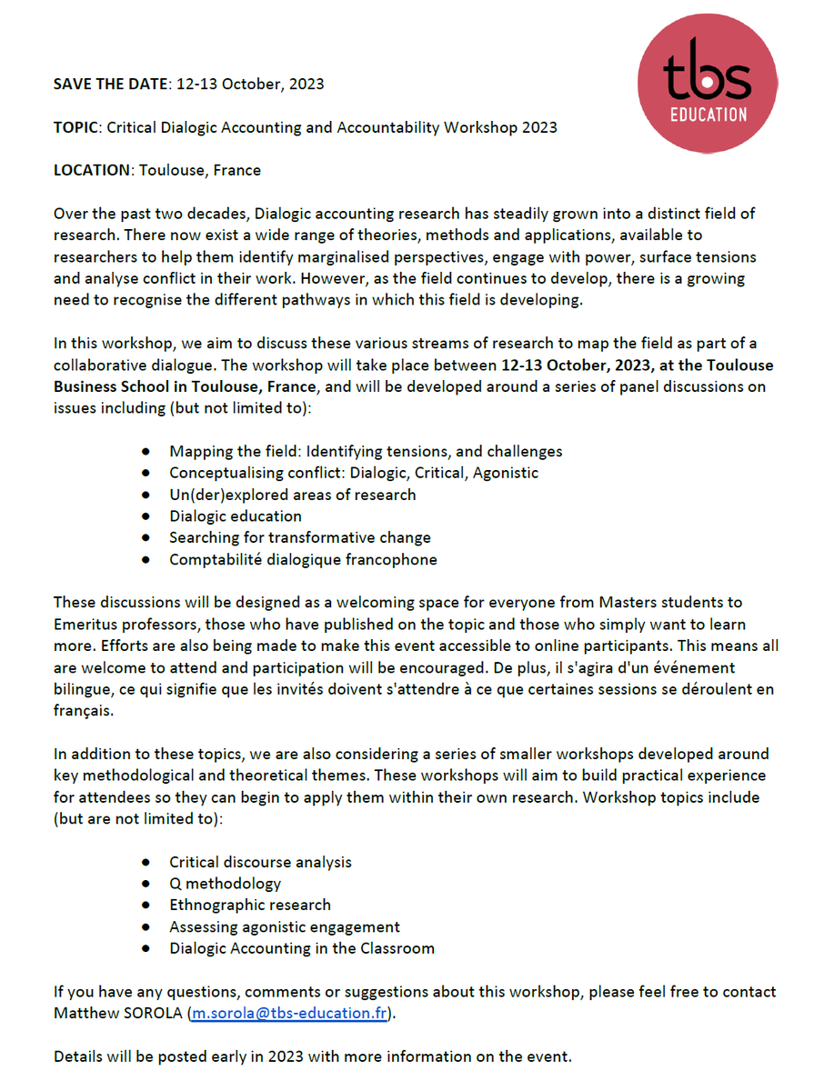 💥SAVE THE DATE💥

Critical Dialogic Accounting and Accountability (CDAA) WORKSHOP - 12-13 October, 2023
LOCATION: Toulouse Business School, Toulouse, France

<a href="/csearUK/">CSEAR UK</a> <a href="/AARNetwork/">AARN</a> <a href="/EAA_ARC/">EAA</a> <a href="/AFC_CCA/">AFC</a>