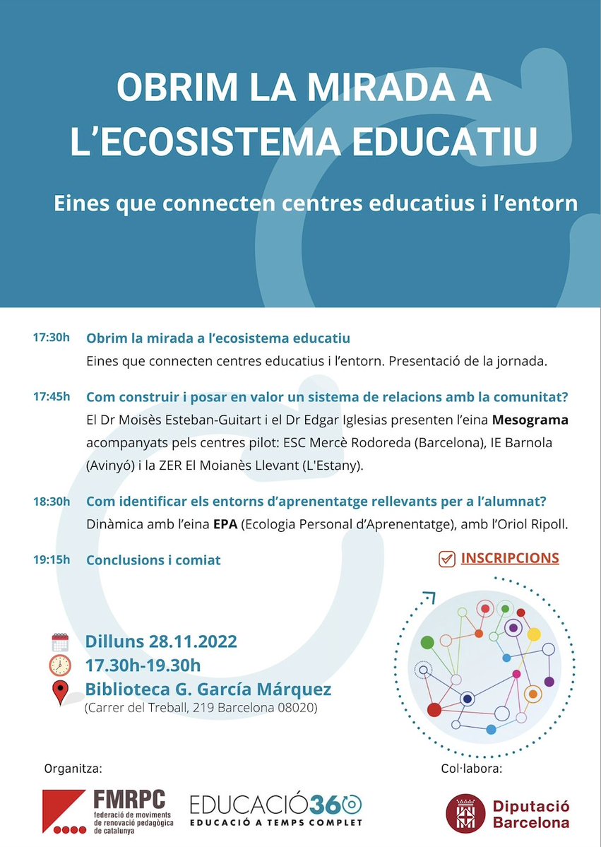 FMRPedagògica (@fmrpc) on Twitter photo 📌Jornada #Obrimlamiradaalecosistemaeducatiu
📅 Dilluns 28 de novembre
🕐17:30h-19:30h
📍<a href="/bgarciamarquez/">Biblioteca Gabriel García Márquez</a>
🧍🏽<a href="/GuitartMoises/">Moises Esteban-Guitart</a>, <a href="/EdgarIglesiasV1/">Edgar Iglesias Vidal</a>
<a href="/iebarnola/">IE Barnola</a>, <a href="/angelscadenab/">Àngels Cadena Bordoll</a>
#ZERMoianèsLlevant, <a href="/EscMRodoredaBCN/">Escola Mercè Rodoreda - Barcelona</a>, <a href="/oriolripoll/">oriol ripoll</a>
✍️forms.gle/kuLVMCChXStsCw… 📌Jornada #Obrimlamiradaalecosistemaeducatiu
📅 Dilluns 28 de novembre
🕐17:30h-19:30h
📍<a href="/bgarciamarquez/">Biblioteca Gabriel García Márquez</a>
🧍🏽<a href="/GuitartMoises/">Moises Esteban-Guitart</a>, <a href="/EdgarIglesiasV1/">Edgar Iglesias Vidal</a>
<a href="/iebarnola/">IE Barnola</a>, <a href="/angelscadenab/">Àngels Cadena Bordoll</a>
#ZERMoianèsLlevant, <a href="/EscMRodoredaBCN/">Escola Mercè Rodoreda - Barcelona</a>, <a href="/oriolripoll/">oriol ripoll</a>
✍️forms.gle/kuLVMCChXStsCw…