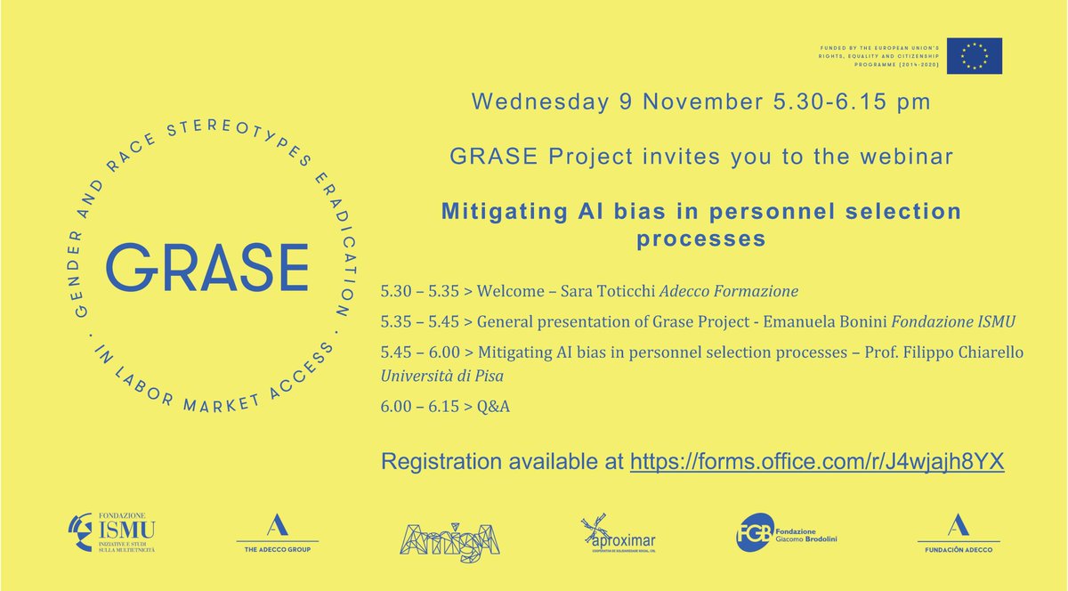 👥Join <a href="/EuGrase/">GRASE</a> webinar presentation of our brand new toolkit for detecting #gender and race #bias in #JobAlert and recruiting support software! 

⏲️When? 9 November from 5.30pm to 6.15pm 
✏️Register at bit.ly/3h6nPaN