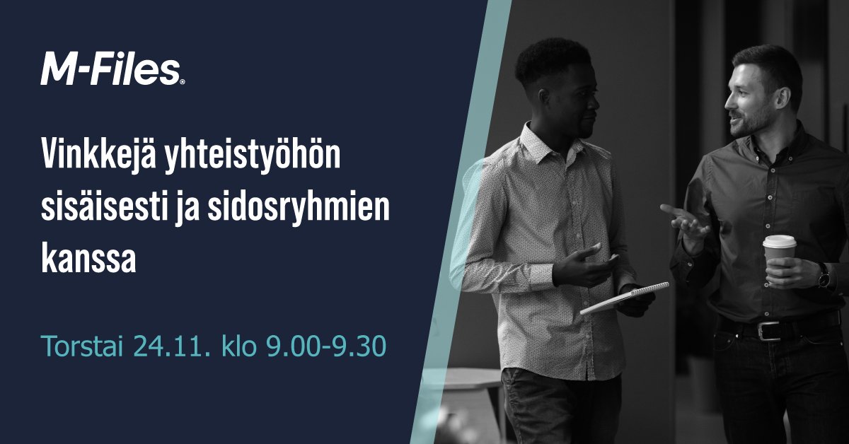 Webinaarissamme to 24.11. saat vinkkejä siihen, kuinka työntekijät voivat tehdä yhteistyötä tehokkaammin, tuloksellisemmin ja turvallisemmin sekä yrityksen sisällä että ulkoisten sidosryhmien kanssa. Tule kuulolle: bit.ly/3Ea0spU #yhteistyö #webinaari