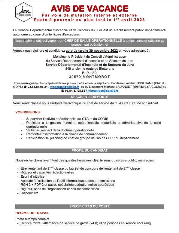 SDIS du Jura (@sdis39) on Twitter photo Le <a href="/SDIS39/">SDIS du Jura</a> recrute un/une chef(fe) de salle opérationnelle, Lieutenant(e) 2cl, ou inscrit(e) sur liste d’aptitude.👨🚒🚒
Rejoignez un #SDIS dynamique sur un territoire d’exception! 🌲🌳🏞
Plus d’infos ici: 👇 Le <a href="/SDIS39/">SDIS du Jura</a> recrute un/une chef(fe) de salle opérationnelle, Lieutenant(e) 2cl, ou inscrit(e) sur liste d’aptitude.👨🚒🚒
Rejoignez un #SDIS dynamique sur un territoire d’exception! 🌲🌳🏞
Plus d’infos ici: 👇