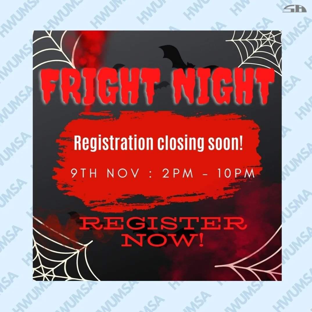 hwumsa's tweet photo. Fright night💀

Registrations are closing very soon! 

Dress up for the day! We want to see you in your best costumes 😉

Catch us on 9th November 2022!
https://t.co/jdqY61QW6U https://t.co/QydkUC9OSn