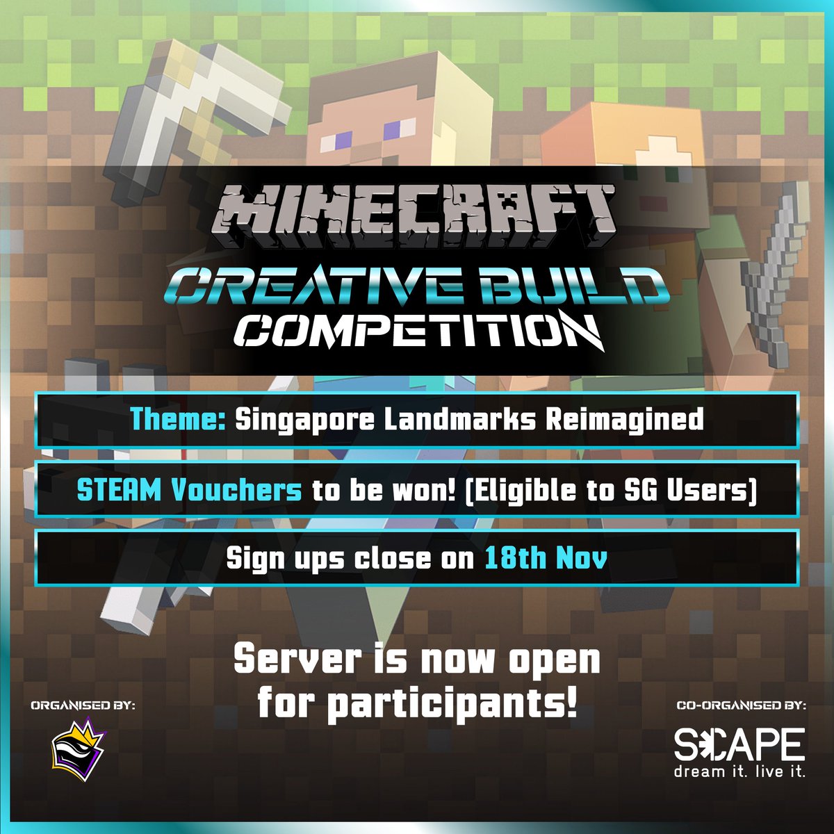 OLNSG's tweet photo. The Minecraft server is now open for participants to start building their creations!

Want to particpate? Sign ups are still open, and closes on 18th Nov!

➡️Register: https://t.co/mAE0hPm38b
🟣Discord: https://t.co/5fxcrljkML

DM us if you have any questions! https://t.co/P9fz97o76o