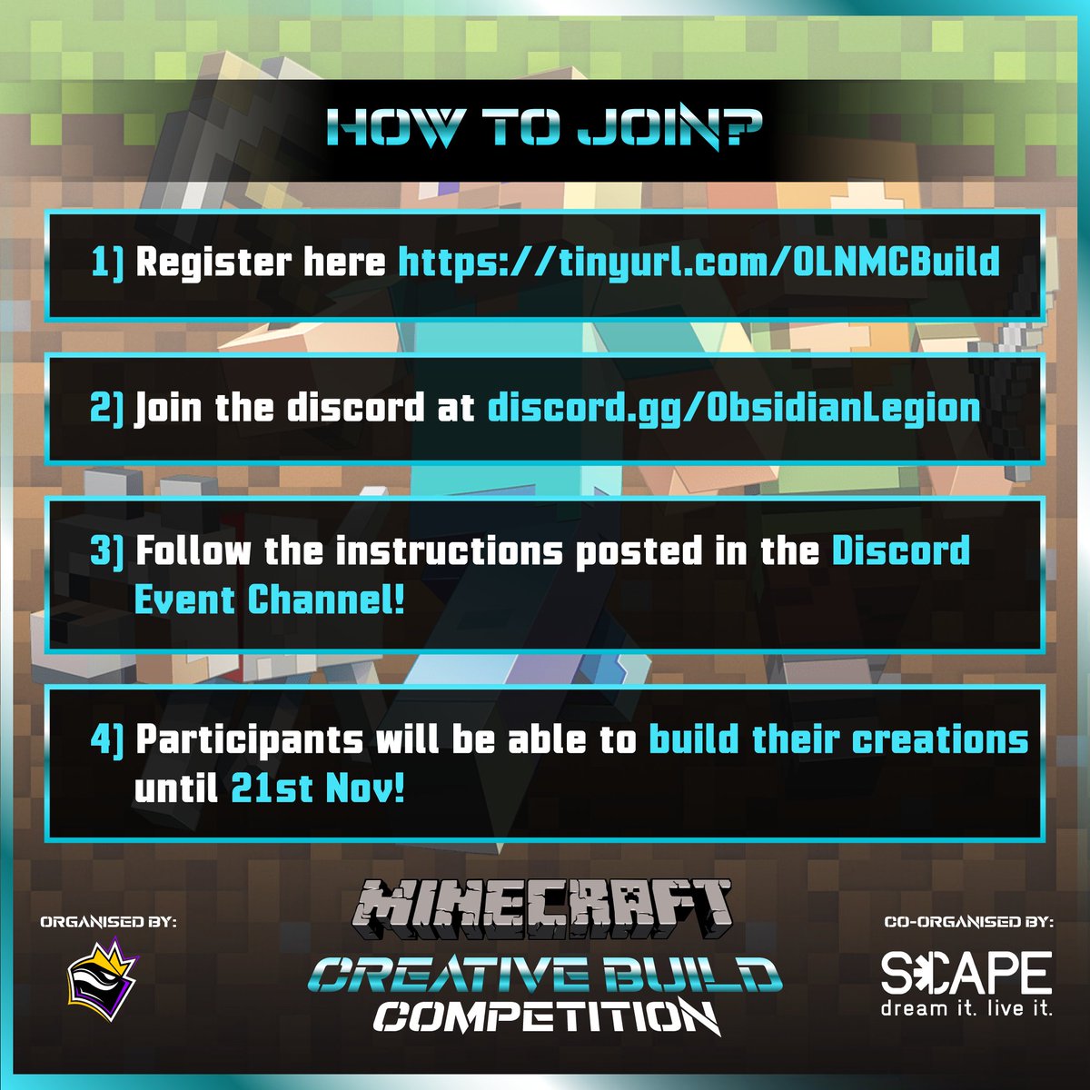 OLNSG's tweet photo. The Minecraft server is now open for participants to start building their creations!

Want to particpate? Sign ups are still open, and closes on 18th Nov!

➡️Register: https://t.co/mAE0hPm38b
🟣Discord: https://t.co/5fxcrljkML

DM us if you have any questions! https://t.co/P9fz97o76o