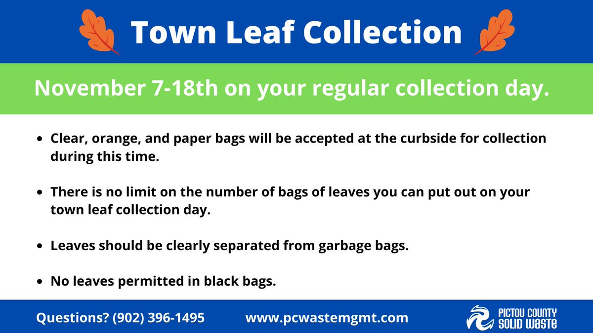 🍂Town Leaf Collection starts today! November 7- 18th on your regular collection day.