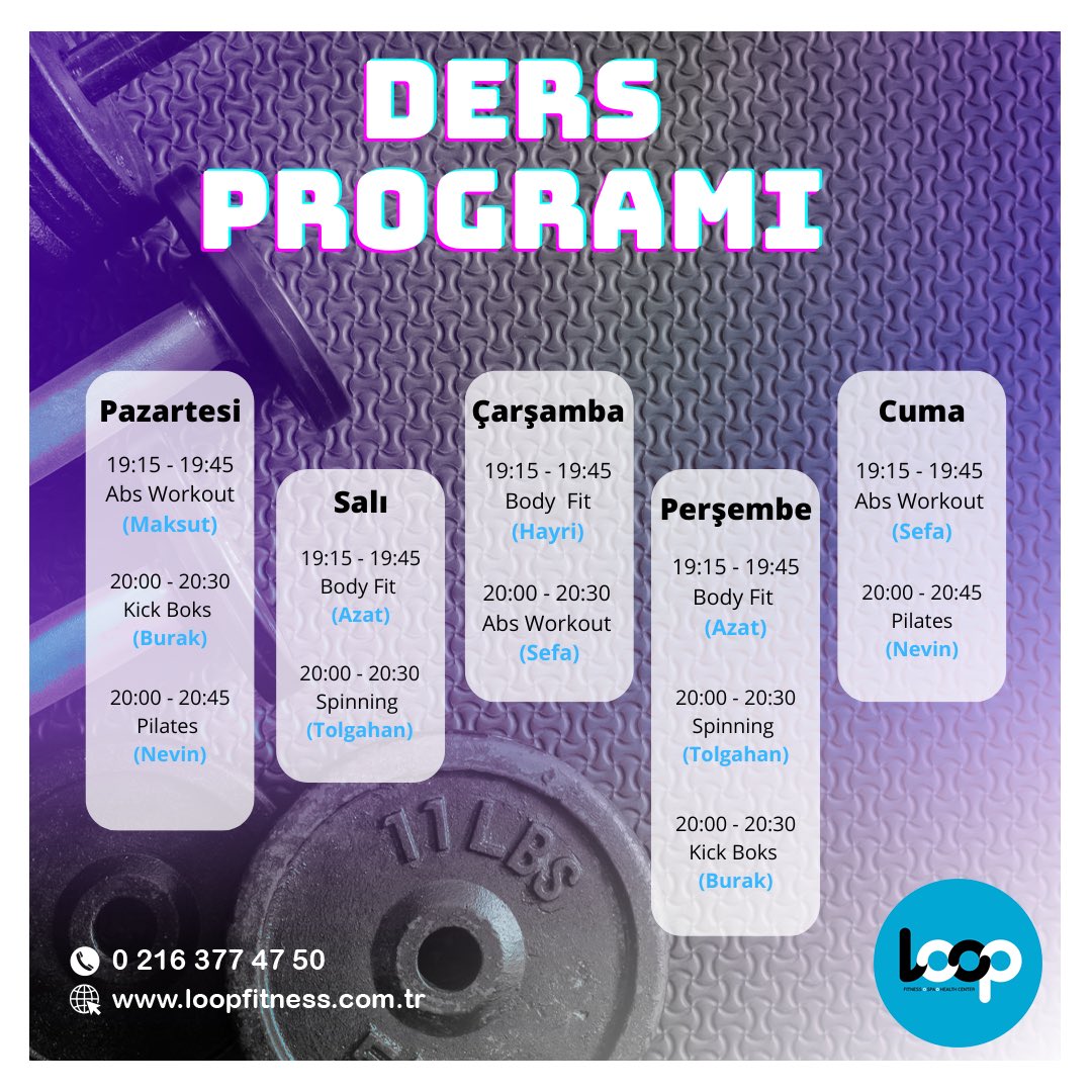 Loop’ta bahane yok! Herkese göre ders var! Haftalık ders programımız yayında.

Detaylı bilgi için bize ulaşın.⠀⠀
 ☎ 0 (216) 377 47 50
🌐 loopfitness.com.tr
 
#loopfitnessspa #fitness #pilates #yüzme #havuz
