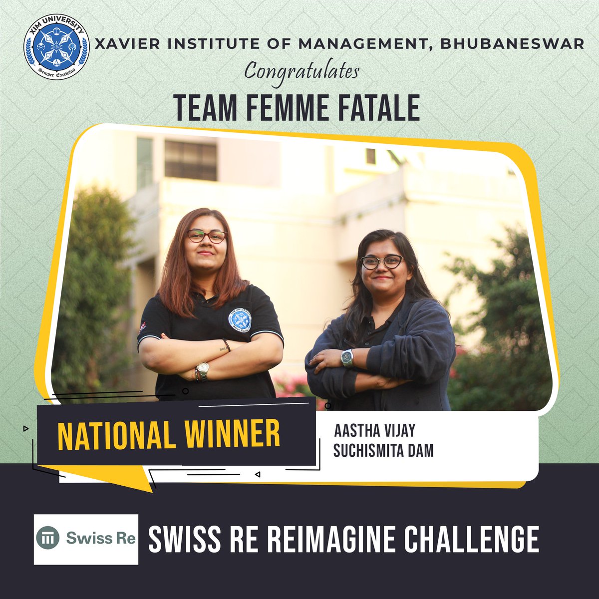 ximb_official's tweet photo. XIM, Bhubaneswar takes pride in announcing that Team Femme Fatale has emerged as the National Winner of Swiss Re Reimagine Challenge. Congratulations!
#ximΒ #casecomp #nationalwinners #casecompetition https://t.co/Y1mmN7S5O0