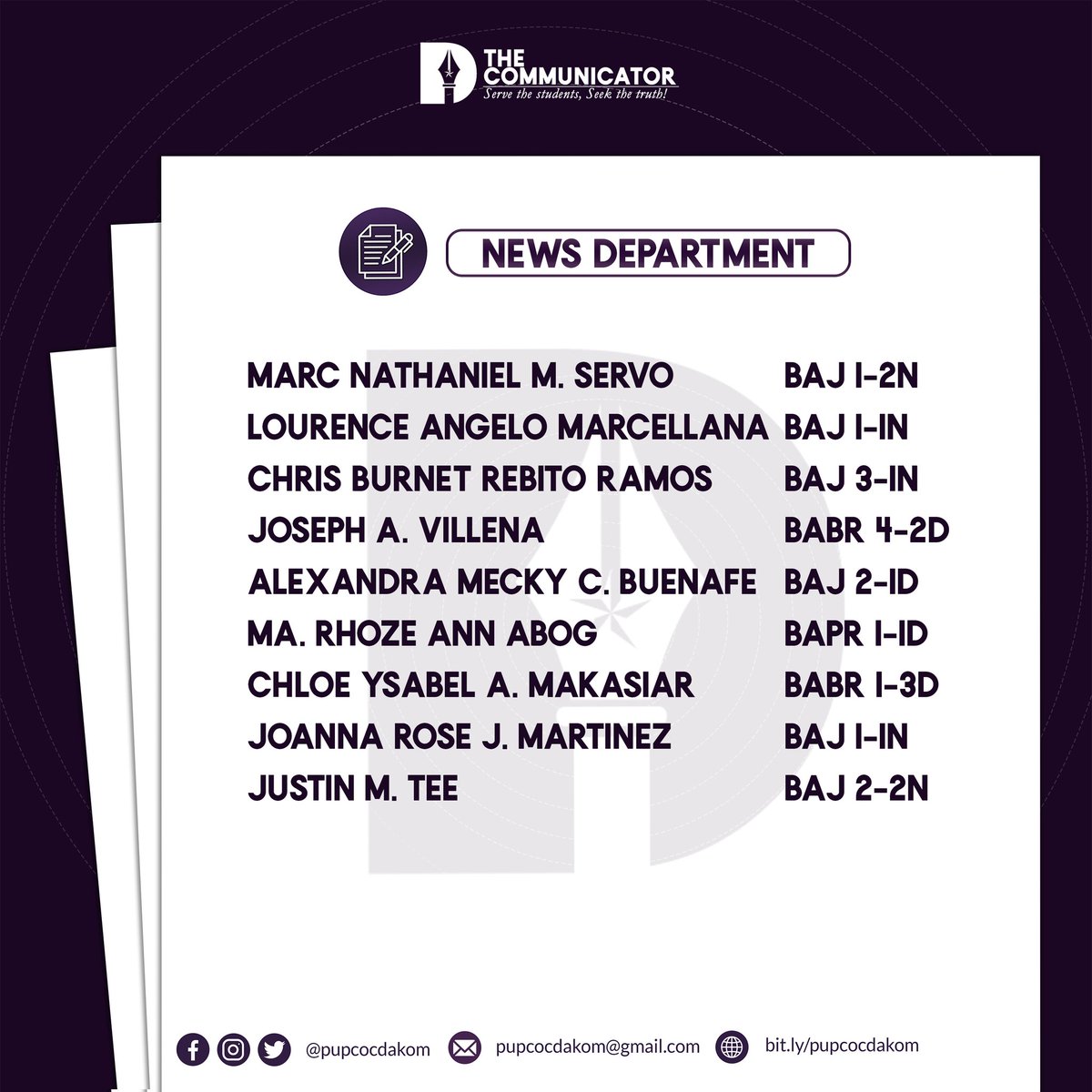 pupcocdakom's tweet photo. 𝗗𝗔𝗞𝗢𝗠𝗣𝗟𝗘𝗧𝗢 𝗡𝗔!

Matapos ang masusing deliberasyon, malugod na ipinakikila ng 𝗧𝗵𝗲 𝗖𝗼𝗺𝗺𝘂𝗻𝗶𝗰𝗮𝘁𝗼𝗿, ang opisyal na Pahayagang Pang-kampus ng PUP College of Communication ang mga bago nitong miyembro para sa taong panuruan 2022-2023. https://t.co/EIqNo7n0lO