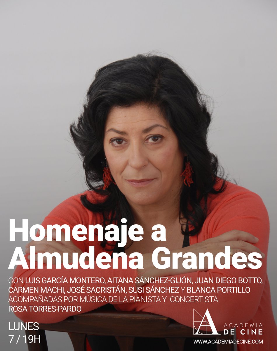 Hoy la <a href="/Academiadecine/">Academia de Cine</a> rinde homenaje a #AlmudenaGrandes. En el acto participarán Aitana Sánchez-Gijón, <a href="/JuanDiegoBotto/">Juan Diego Botto</a>, Carmen Machi, José Sacristán, Susi Sánchez, Blanca Portillo (<a href="/bpmdv/">Blanca Portillo</a>), Rosa Torres-Pardo y Luis García Montero (<a href="/lgm_com/">Luis García Montero</a>). ow.ly/ifPb50Luqak