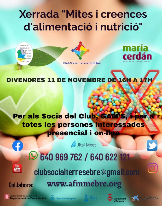 afsmte's tweet photo. 📣11 de novembre a les 16h, farem la Xerrada d'Alimentació i Nutrició "Mites i Creences d'alimentació i nutrició", amb María Cerdán - Nutrición Integrativ, des de les 16h i fins les 17h, al @clubsocialte1 per a tots els Socis i GAM'S, i per tots/es les persones interessades.🍞🍫 https://t.co/zfqUTz2CAh