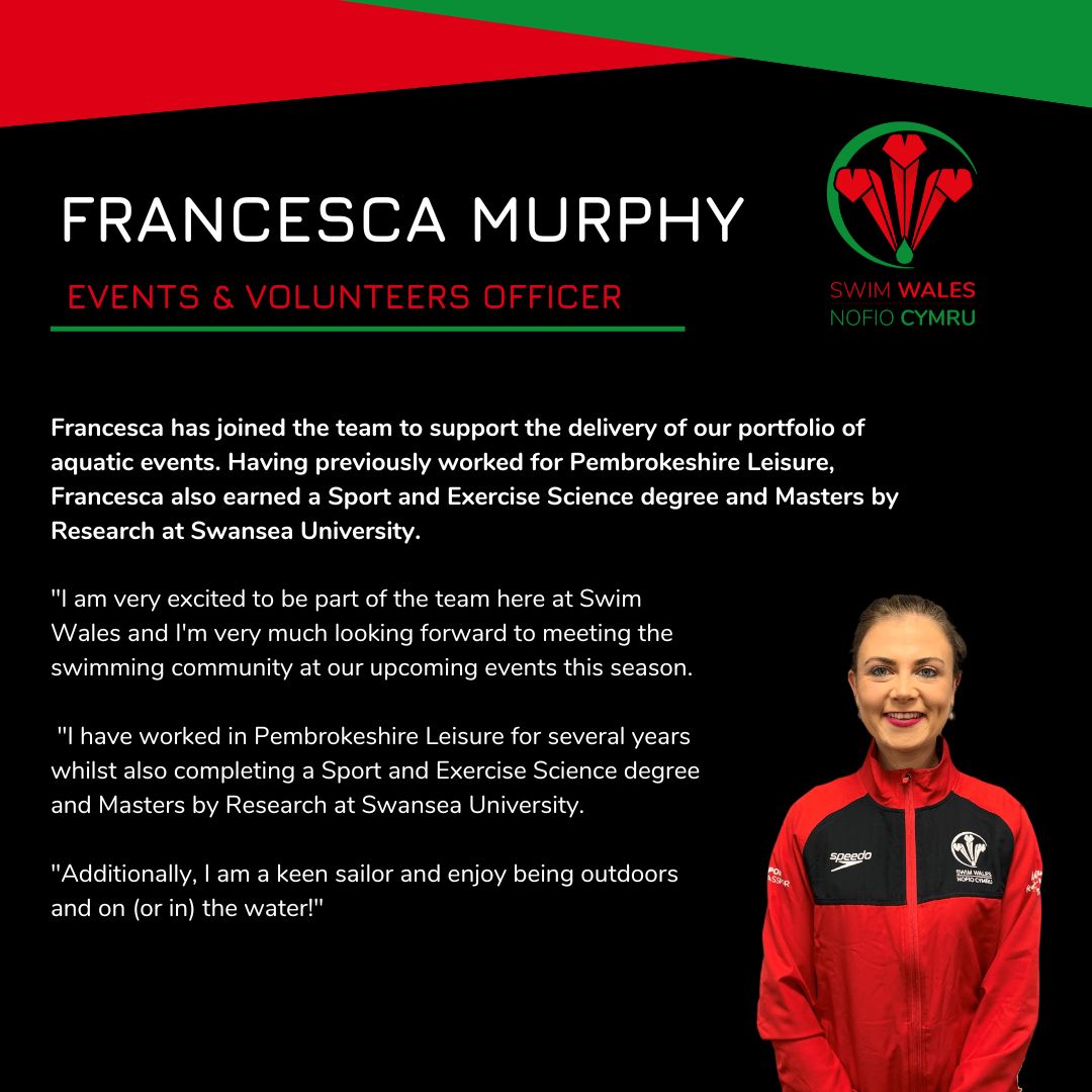 Croeso i'r tîm, Francesca! 🥳

Francesca will add her talents to our growing Events &amp; Volunteering team! 

Welcome to Swim Wales! 🏊‍♀️👏