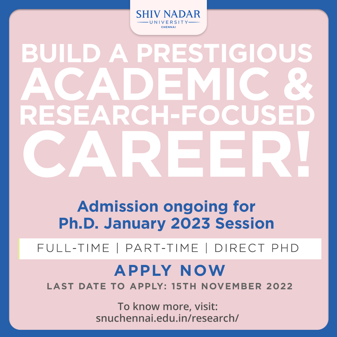 SNUChennai's tweet photo. With Shiv Nadar University Chennai’s offering of Ph.D programs &amp; specialisations, pursue excellence in interdisciplinary research with state-of-the-art research facilities &amp; globally lauded mentors!

#SNUC #ShivNadarUniversityChennai #ThinkFuture #PHDCourses #DoctoralCourses https://t.co/YrvTrzJbdY