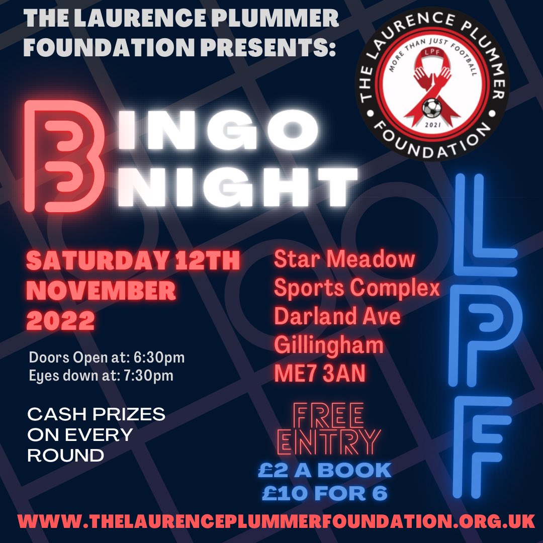The Laurence Plummer Foundation (@plumfoundation) on Twitter photo Next Saturday - 12th November
Venue - <a href="/star_meadow/">StarMeadowSportsClub</a>
6:30pm - Eyes down at 7:30pm
It’s Bingo time and all for a great cause.
The foundation can help and has already helped youngsters in the area, but there so much more help
thelaurenceplummerfoundation.org.uk Next Saturday - 12th November
Venue - <a href="/star_meadow/">StarMeadowSportsClub</a>
6:30pm - Eyes down at 7:30pm
It’s Bingo time and all for a great cause.
The foundation can help and has already helped youngsters in the area, but there so much more help
thelaurenceplummerfoundation.org.uk
