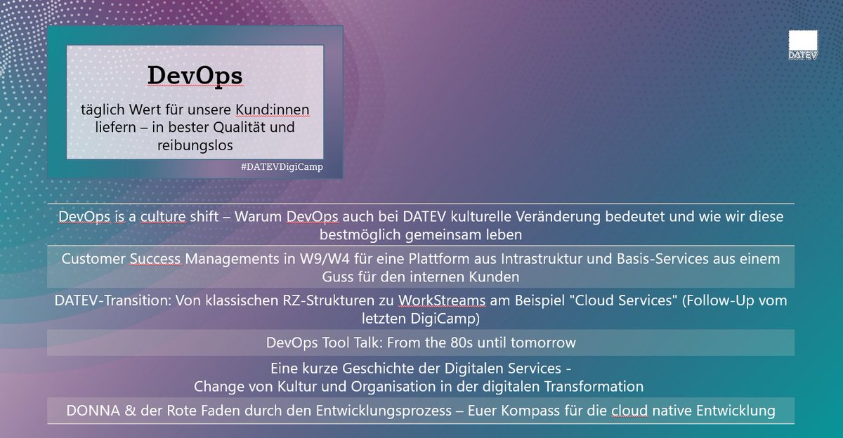 ChristianHaeri2's tweet photo. In dieser Woche widmen mir uns dem Thema DevOps im Rahmen des #DATEVDigiCamp mit vielen spannenden Sessions zu "Was bedeutet DevOps für DATEV und unsere Kund:innen",  "Erfahrungsaustausch zu technischen Werkzeugen und Technologien" und der "Unterstützungsangebote in der #DATEV" https://t.co/ij3wl5Akks
