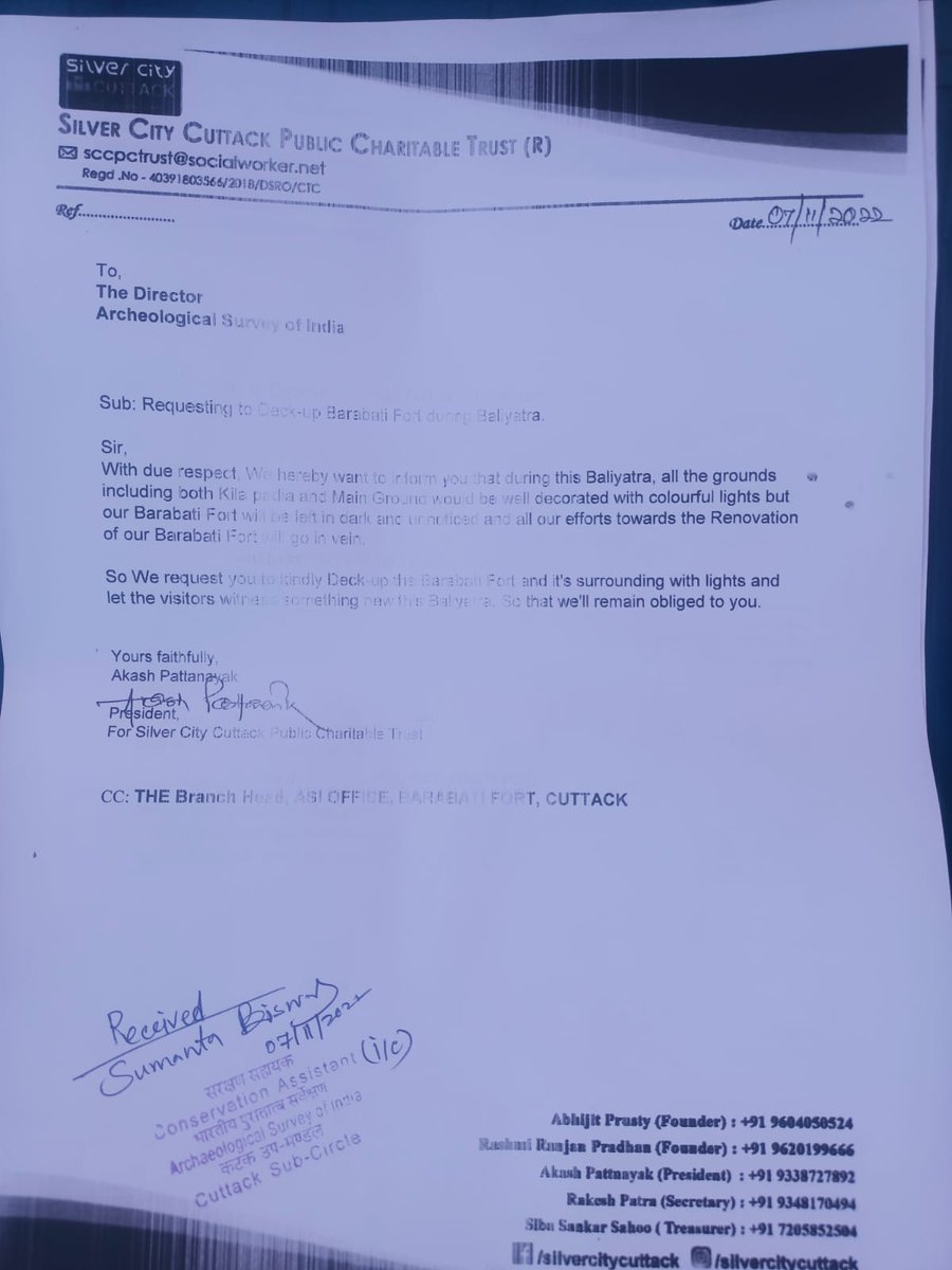 @TeamSilverCity met @ASIGoI Conservative assistant, Cuttack division today and handed over a request letter to deck up Barabati fort with lights during Bali-Jatra. Hopefully @ASIGoI @CMCCuttack @SSingh_odisha will consider the same.