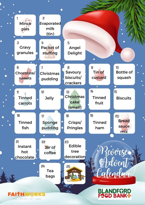 FaithworksDRST's tweet photo. Not too late to start Reverse Advent donations for Christchurch and Blandford food banks. Deliver completed collections to the food banks by 1st December so items are available to give out in time for Christmas. Thank you!
#reverseadvent #HopethisChristmas #supportlocalcommunity https://t.co/XbrJbyWDdY