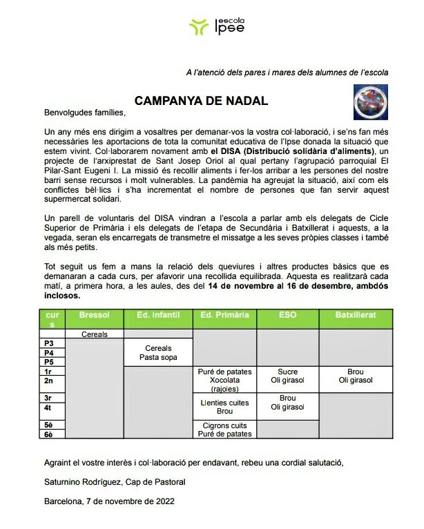 escolaipse's tweet photo. Campanya de solidaritat que participa l'escola, que com els darrers anys, degut a la situació que estem vivint, continua sent més important que mai. https://t.co/lgi37ZzfIc