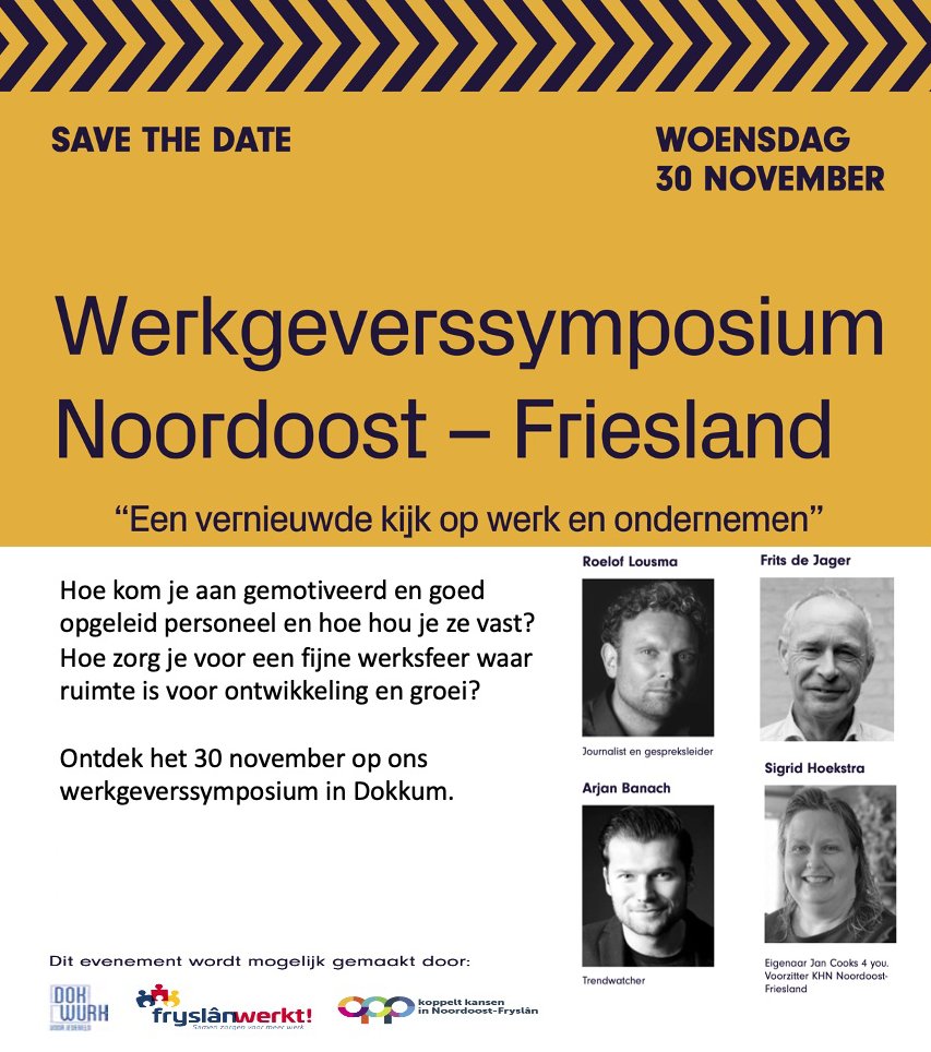 Hét werkgeversymposium van Noordoost-Fryslân: woensdag 30 november in Dokkum. Het programma start om 16.00 uur met interessante sprekers over werk en ondernemen. Programma:  wurkstart.nl/werkgeverssymp… 
#wurkstart #dokkum #werkgevers #versnellingsagenda