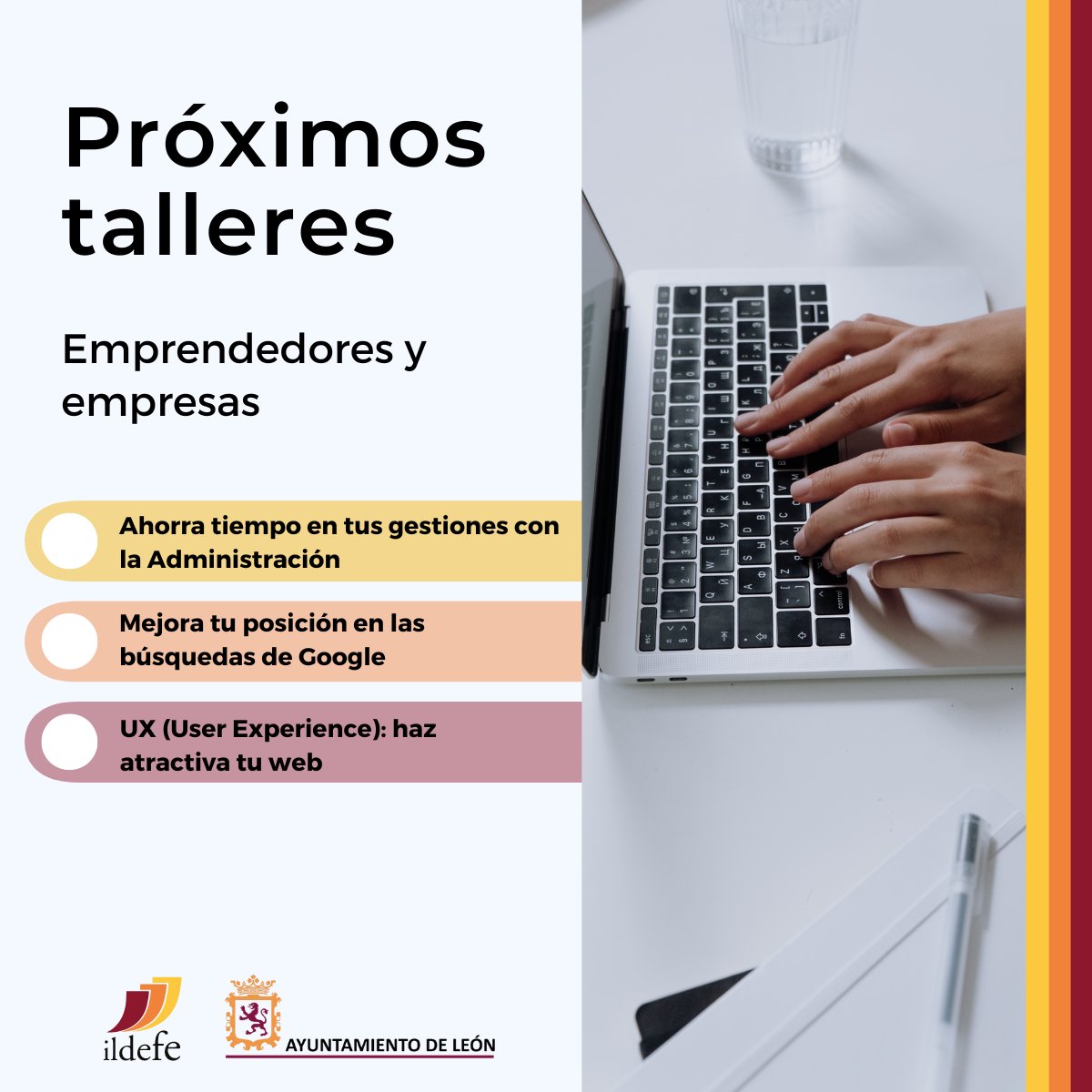 👉 Esta semana, #ILDEFE organiza tres diferentes talleres dirigidos a pymes y comercios de #LeónEsp
- Gestiones con la Administración
- Mejora tu posición en búsquedas de Google
- UX (User Experience)
🔗 cutt.ly/gN2cB6V

#google #ux #tramiteselectronicos #edusi <a href="/LeonAyto/">Ayuntamiento de León</a>