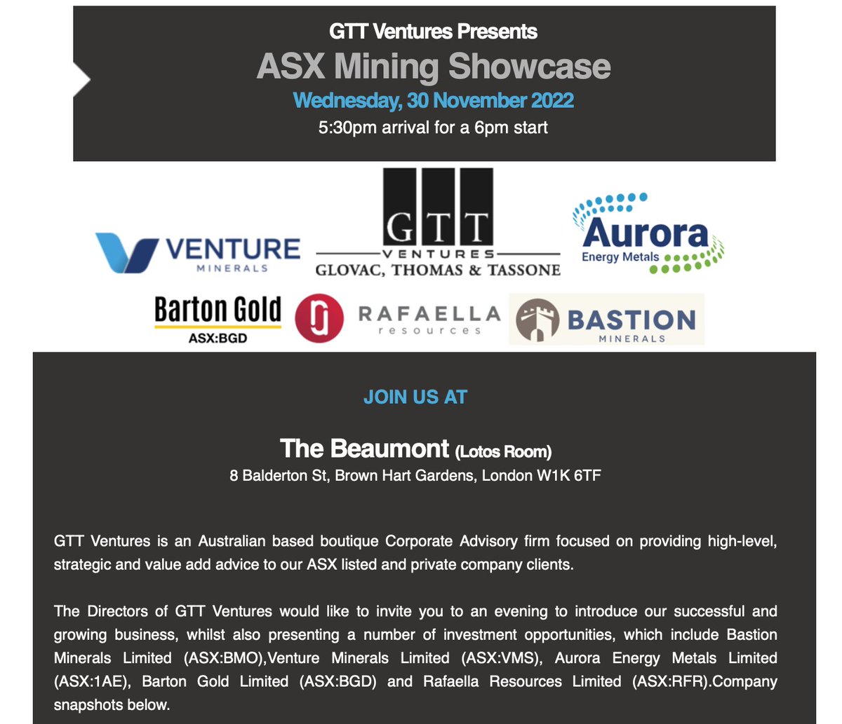 After a two year Covid hiatus, the London GTT Mining Showcase is back at The Beaumont (Lotos Room) in Mayfair London on 30th November. With some great ASX Co's presenting $BMO $VMS $1AE  $BGD $RFR 
#asx  #mining #energy #london #event #Investment email sharni@gttventures.com.au