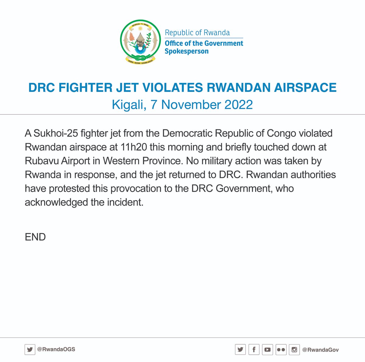 RwandaOGS's tweet image. A fighter jet from the Democratic Republic of Congo violated Rwandan airspace at 11h20 this morning.